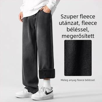 Férfi fleece-béléssel bélelt farmernadrág, egyenes szárú, utcai stílus, középmagas derekú, cipzáras