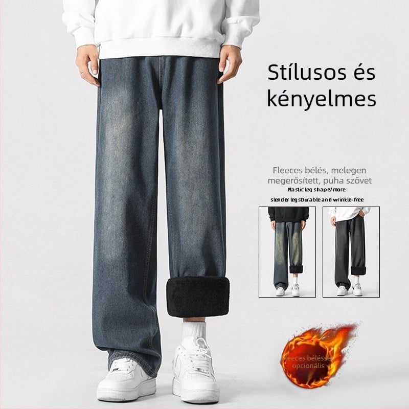 Férfi fleece-béléssel bélelt farmernadrág, egyenes szárú, utcai stílus, középmagas derekú, cipzáras