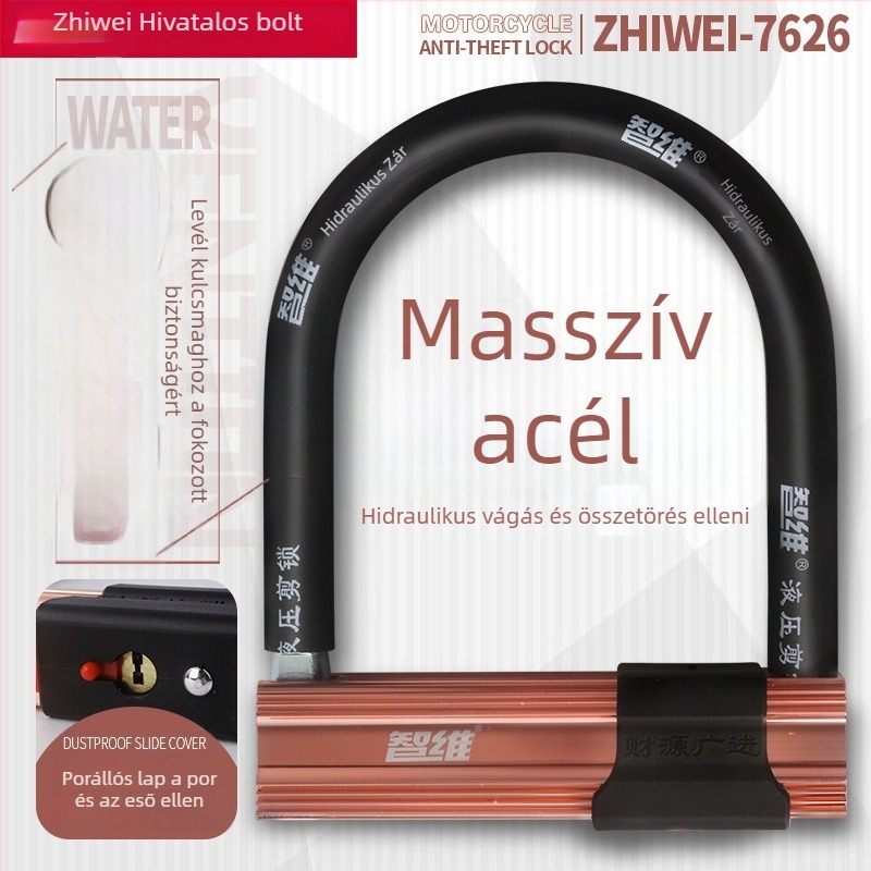 U alakú zár, ötvözött acélból, hidraulikus vágás elleni védelem, elektromos kerékpárok, motorkerékpárok és kerékpárok számára, súly 2000 g