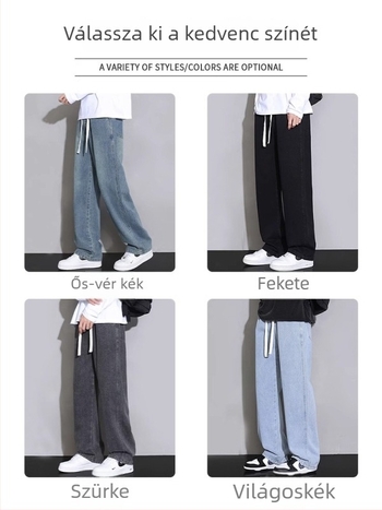 Férfi farmernadrág, egyenes szárú, mosott, középső derék, kötőfűzős zárás, denim, pamut