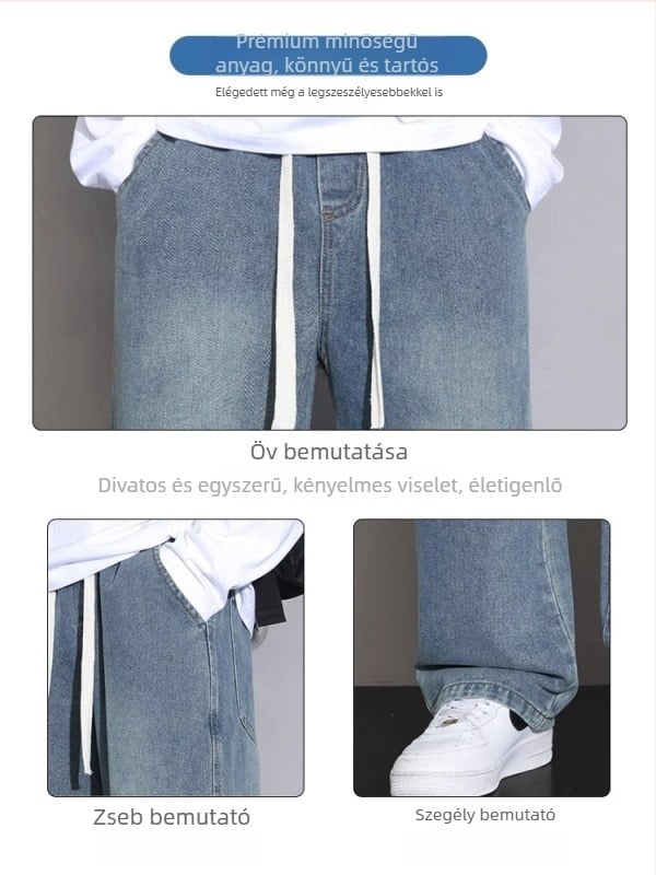 Férfi farmernadrág, egyenes szárú, mosott, középső derék, kötőfűzős zárás, denim, pamut