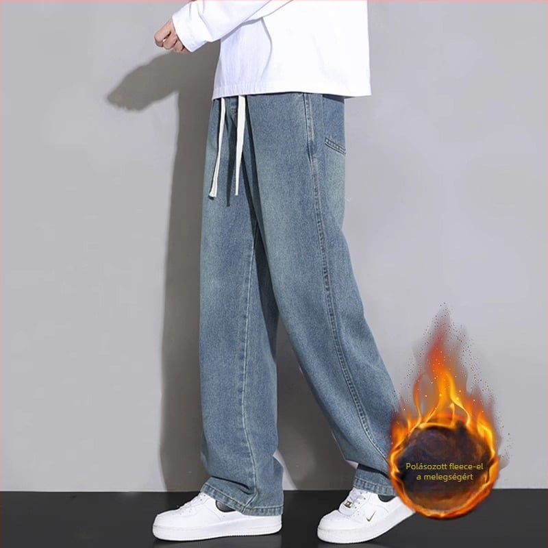 Férfi farmernadrág, egyenes szárú, mosott, középső derék, kötőfűzős zárás, denim, pamut