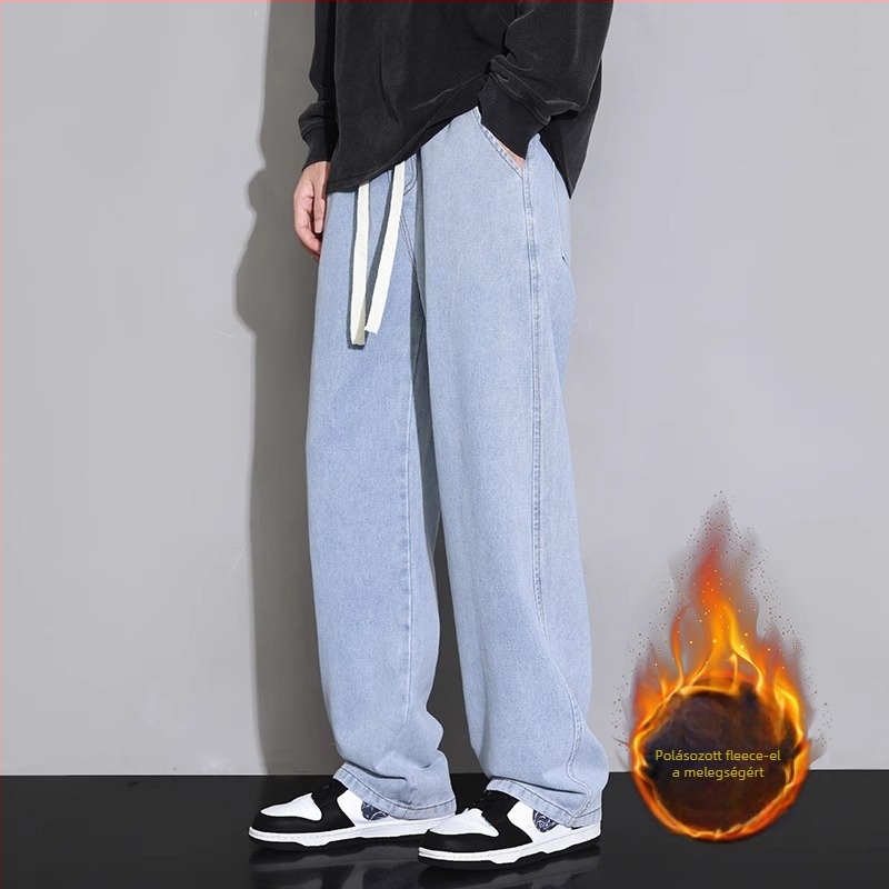 Férfi farmernadrág, egyenes szárú, mosott, középső derék, kötőfűzős zárás, denim, pamut