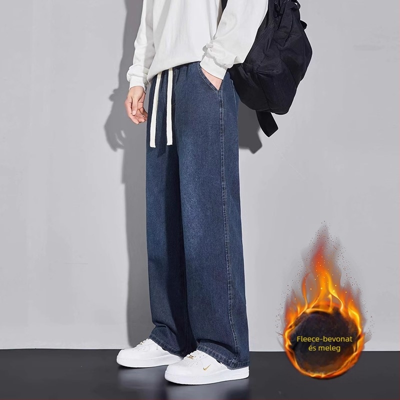 Férfi farmernadrág, egyenes szárú, mosott, középső derék, kötőfűzős zárás, denim, pamut