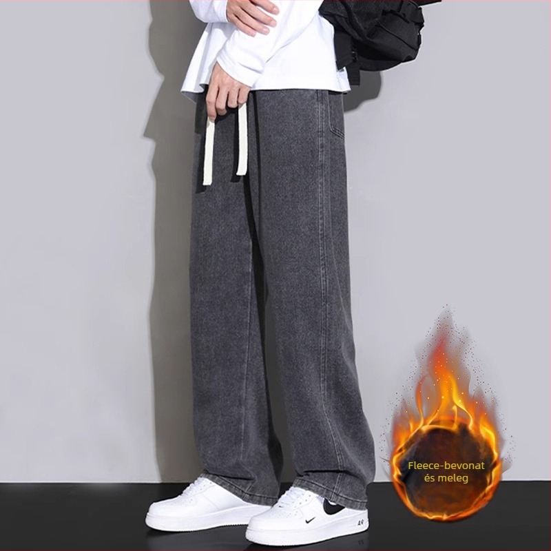 Férfi farmernadrág, egyenes szárú, mosott, középső derék, kötőfűzős zárás, denim, pamut