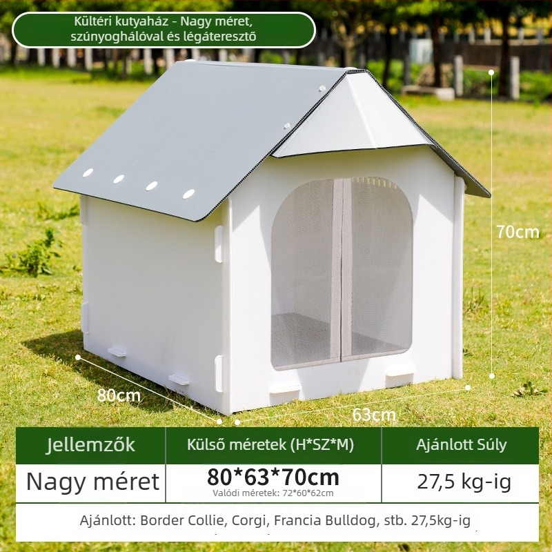 Kültéri műanyag kutyaház minden évszakokra, szél- és nedvességálló, kistestű és közepes testű kutyáknak