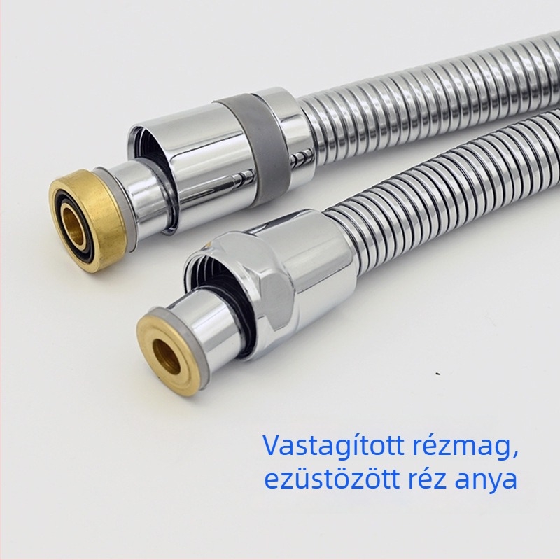 Zuhanycső réz anyával és rozsdamentes acél külső csővel, gumírozott belső cső — anti-gubancolódás, univerzális forgatható csatlakozás, modell RG002, 3.0 MPa, 1–90°C, menetes csatlakozás