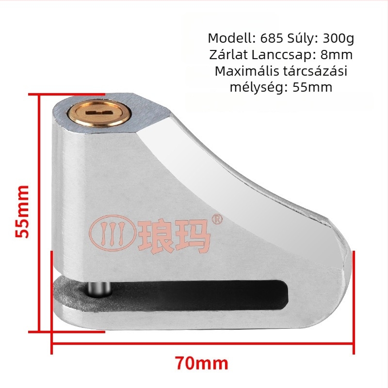 Langma 685 Tárcsafé Zár Elektromos Járművekhez, Motorkerékpárokhoz és Kerékpárokhoz – Anyag: ötvözött acél, Tömeg: 300 g