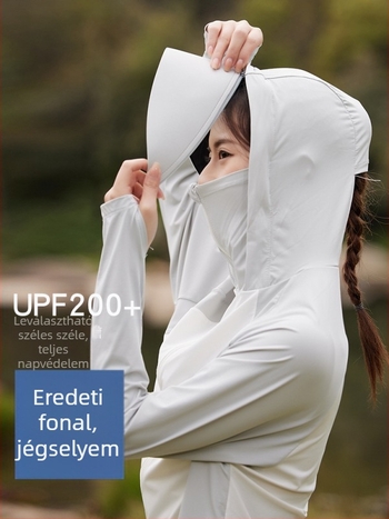 Kültéri széldzseki kapucnival, nylon anyag, UPF100+ UV-védelem, lélegző és nedvszívó.