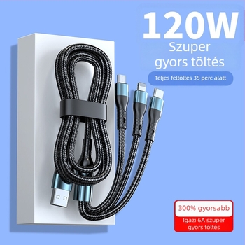 3‑az‑egyben kötött gyors töltésű adatkábel: Lightning, Micro USB és USB‑C csatlakozókkal, maximális kimenet 120W
