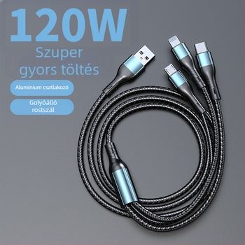3‑az‑egyben kötött gyors töltésű adatkábel: Lightning, Micro USB és USB‑C csatlakozókkal, maximális kimenet 120W