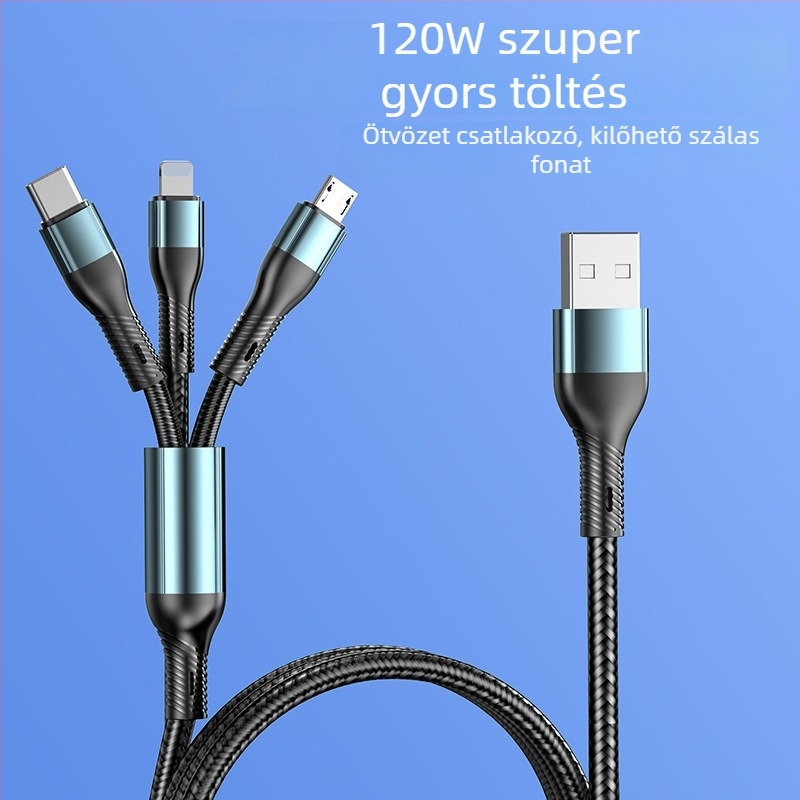 3‑az‑egyben kötött gyors töltésű adatkábel: Lightning, Micro USB és USB‑C csatlakozókkal, maximális kimenet 120W