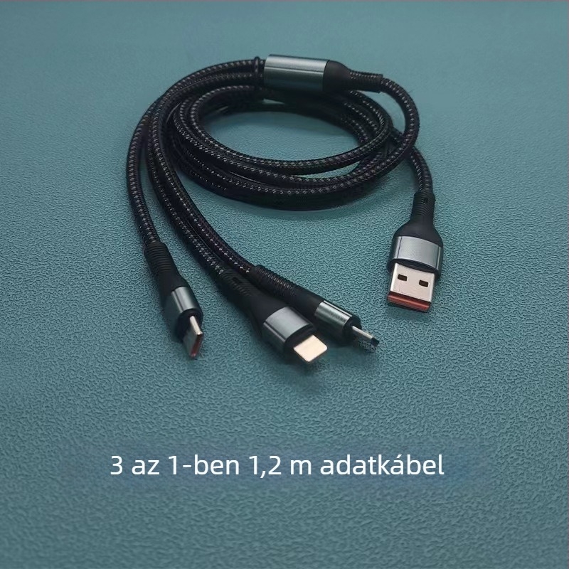 3‑az‑egyben kötött gyors töltésű adatkábel: Lightning, Micro USB és USB‑C csatlakozókkal, maximális kimenet 120W