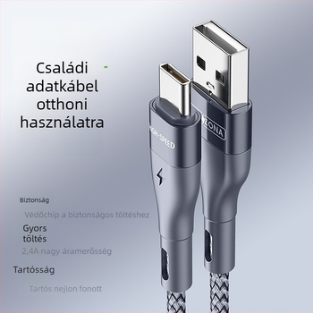 Type-C egyfejű nylon szövésű adat- és töltőkábel, 5V/2.4A, alumínium ház, kompatibil Huawei, Android és iPhone