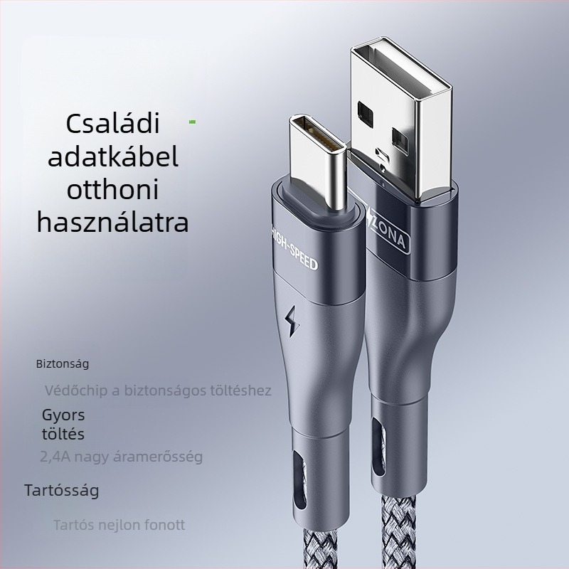 Type-C egyfejű nylon szövésű adat- és töltőkábel, 5V/2.4A, alumínium ház, kompatibil Huawei, Android és iPhone