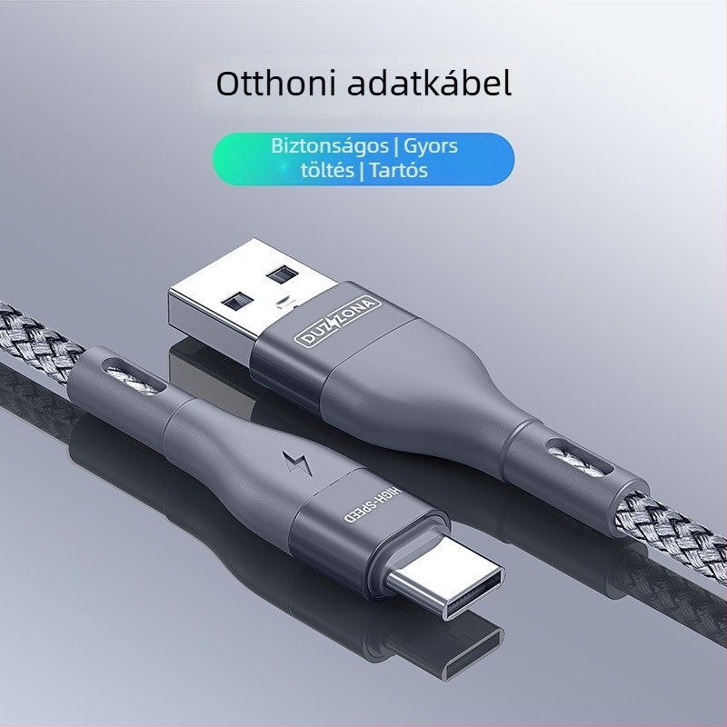 Type-C egyfejű nylon szövésű adat- és töltőkábel, 5V/2.4A, alumínium ház, kompatibil Huawei, Android és iPhone