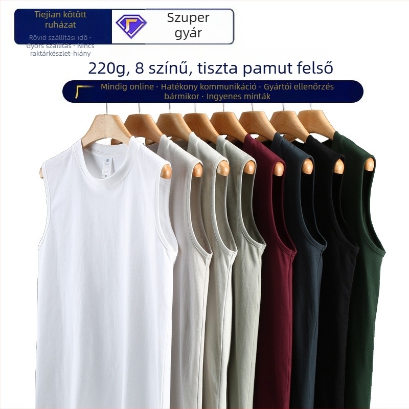 Ujjatlan pamut sportos top, 220 g, 100% pamut, laza szabás, háromdimenziós patch zseb, egyenes szegély, vékony anyag, tiniknek, 2025 tavasz