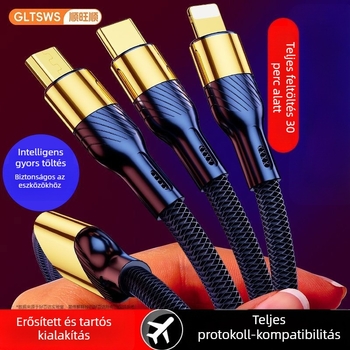 Három az egyben gyors töltésű adatkábel Lightning, Micro USB és Type-C – 240W max, kompatibilis Apple, Huawei, Oppo, Xiaomi és Vivo készülékekkel