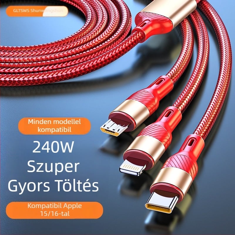 Három az egyben gyors töltésű adatkábel Lightning, Micro USB és Type-C – 240W max, kompatibilis Apple, Huawei, Oppo, Xiaomi és Vivo készülékekkel