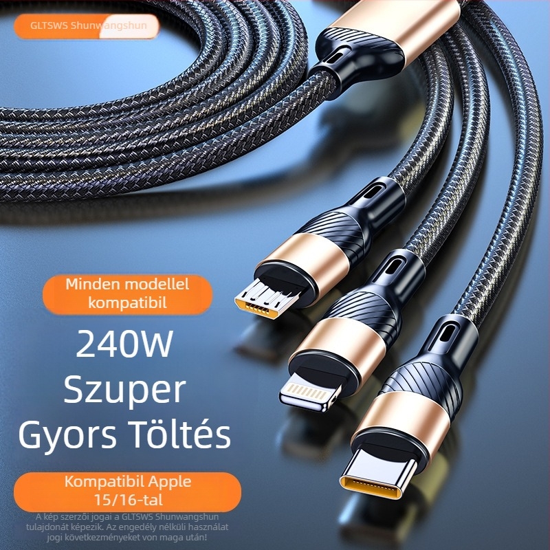 Három az egyben gyors töltésű adatkábel Lightning, Micro USB és Type-C – 240W max, kompatibilis Apple, Huawei, Oppo, Xiaomi és Vivo készülékekkel