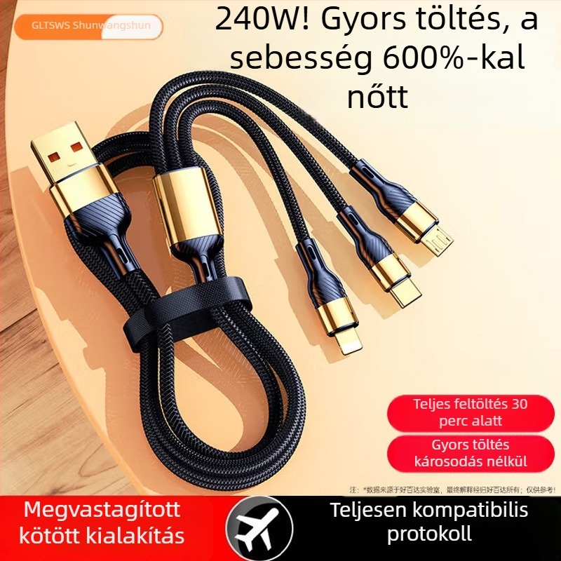 Három az egyben gyors töltésű adatkábel Lightning, Micro USB és Type-C – 240W max, kompatibilis Apple, Huawei, Oppo, Xiaomi és Vivo készülékekkel