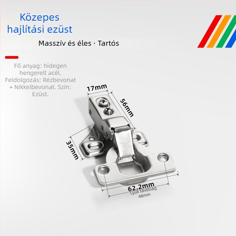 Rövid karú bútorajtó-zsanér, szekrények és gardróbok számára, amerikai stílus; anyag: hidegen hengerelt acél; bevonat: réz-nikkel; hidraulikus csillapítás, halk működés