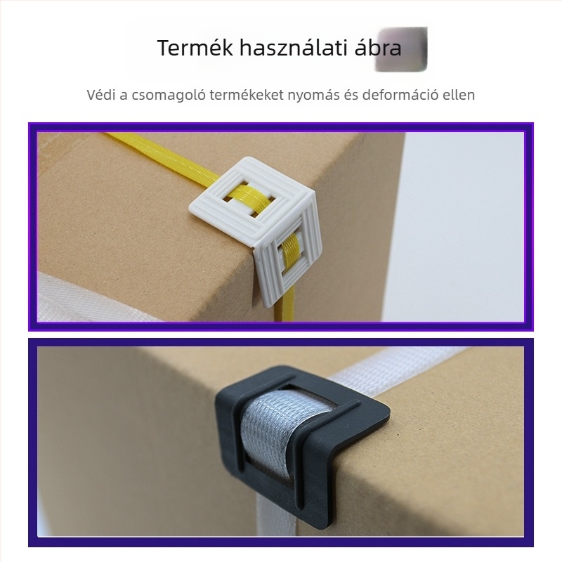 PP műanyag sarokvédők és csúszásmentes hevederzárak ipari csomagoláshoz — típusok L20/L32, papírsarokvédők 10 cm és 5 cm, nehéz stílus 50 mm