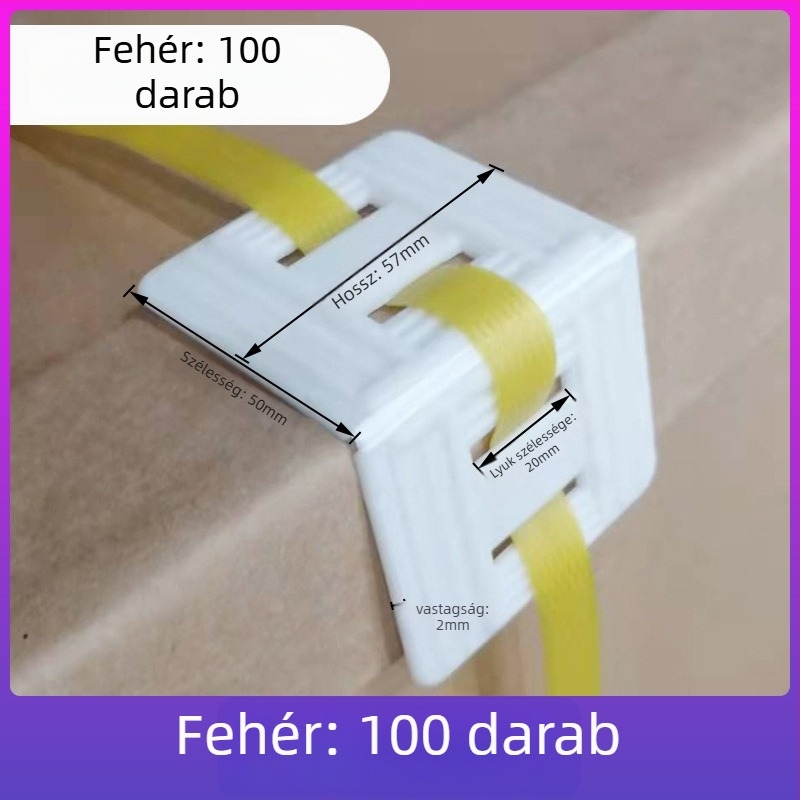 PP műanyag sarokvédők és csúszásmentes hevederzárak ipari csomagoláshoz — típusok L20/L32, papírsarokvédők 10 cm és 5 cm, nehéz stílus 50 mm