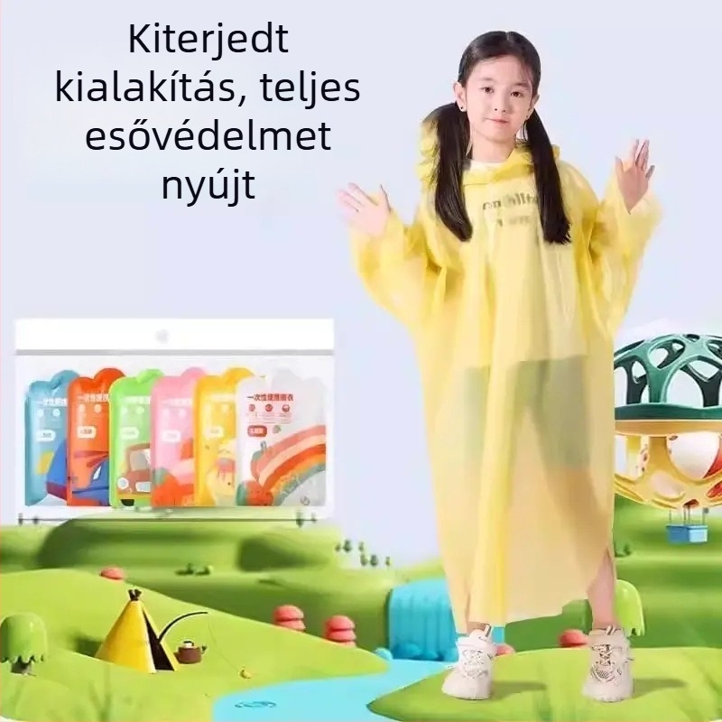 Gyerekeknek tervezett egyszer használatos átlátszó PVC esőponcsó, teljes test lefedettség, klasszikus stílus