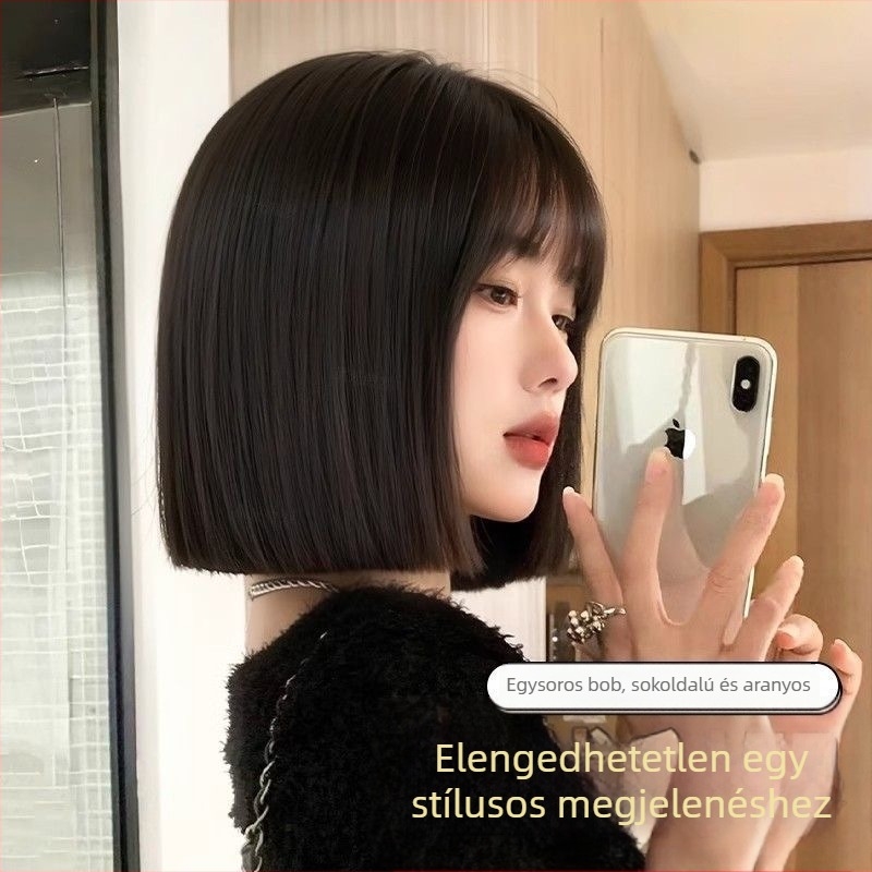 Teljes fejparóka nőknek, természetes hatás, rövid bob fazon, egyenes frufru, hőálló szintetikus szál