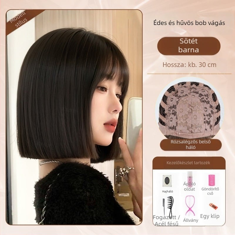 Teljes fejparóka nőknek, természetes hatás, rövid bob fazon, egyenes frufru, hőálló szintetikus szál