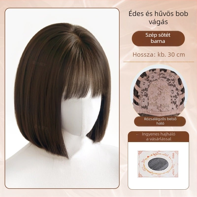 Teljes fejparóka nőknek, természetes hatás, rövid bob fazon, egyenes frufru, hőálló szintetikus szál