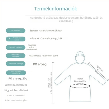 Hordozható egyszer használatos esőponcsó felnőtteknek, TPE anyag, 1,5 mm vastagság, 13 g tömeg