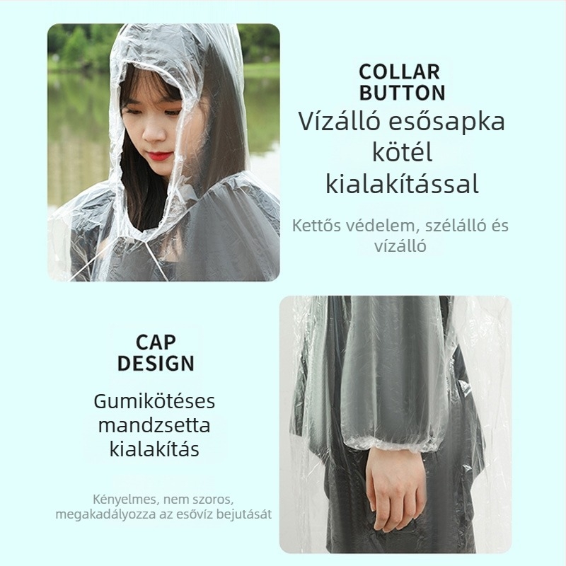 Hordozható egyszer használatos esőponcsó felnőtteknek, TPE anyag, 1,5 mm vastagság, 13 g tömeg