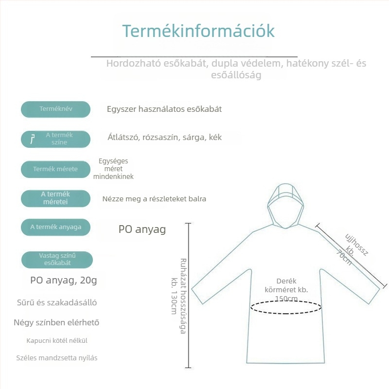 Hordozható egyszer használatos esőponcsó felnőtteknek, TPE anyag, 1,5 mm vastagság, 13 g tömeg