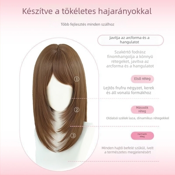 Hajparóka hosszú, egyenes hajjal és ferde frufruval, természetes hatás, modell X-129, mechanikus kivitelezés, haj magas hőálló selyem anyagból