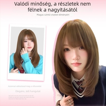 Hajparóka hosszú, egyenes hajjal és ferde frufruval, természetes hatás, modell X-129, mechanikus kivitelezés, haj magas hőálló selyem anyagból