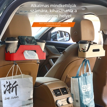Autó hátsó ülésre szánt multifunkcionális tároló – műanyag + bőr, pohártartó, zsebkendő tartó és kampó, modell 3333, testreszabható, logó nyomtatás elérhető