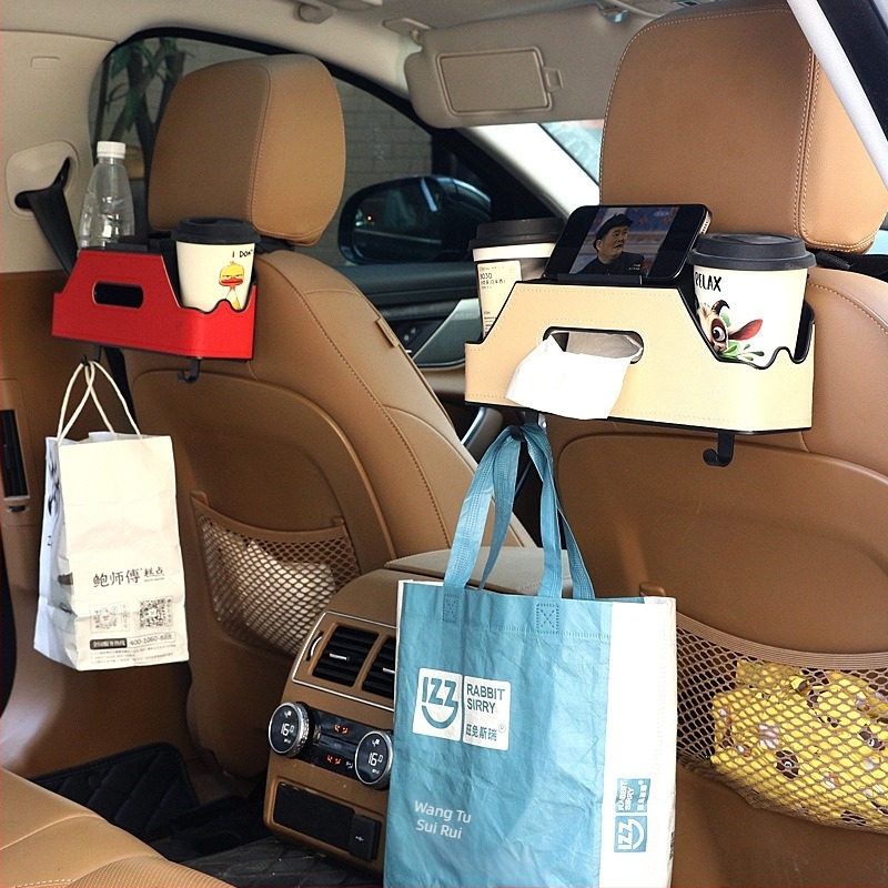 Autó hátsó ülésre szánt multifunkcionális tároló – műanyag + bőr, pohártartó, zsebkendő tartó és kampó, modell 3333, testreszabható, logó nyomtatás elérhető