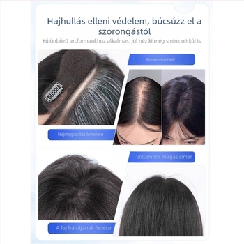 Könnyű, varrás nélküli női hajas kiegészítő, felső hajtöredék, egyenes frufru, modell G8511/G9918, teljesen kézzel készített, hőálló selyem, nem festhető vagy dauerolható