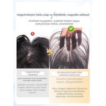 Könnyű, varrás nélküli női hajas kiegészítő, felső hajtöredék, egyenes frufru, modell G8511/G9918, teljesen kézzel készített, hőálló selyem, nem festhető vagy dauerolható