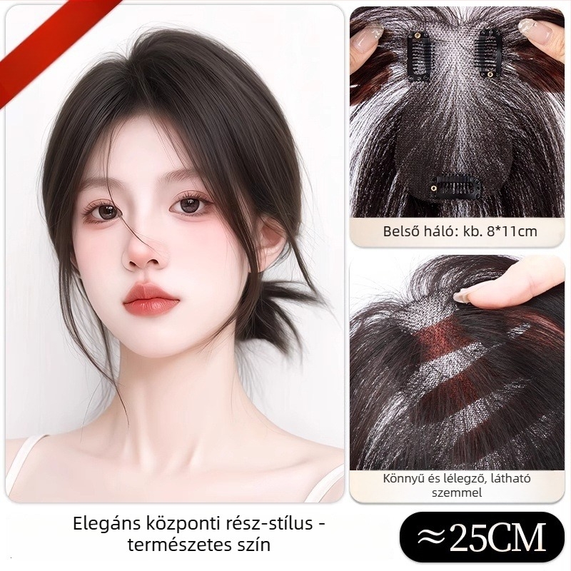 Könnyű, varrás nélküli női hajas kiegészítő, felső hajtöredék, egyenes frufru, modell G8511/G9918, teljesen kézzel készített, hőálló selyem, nem festhető vagy dauerolható