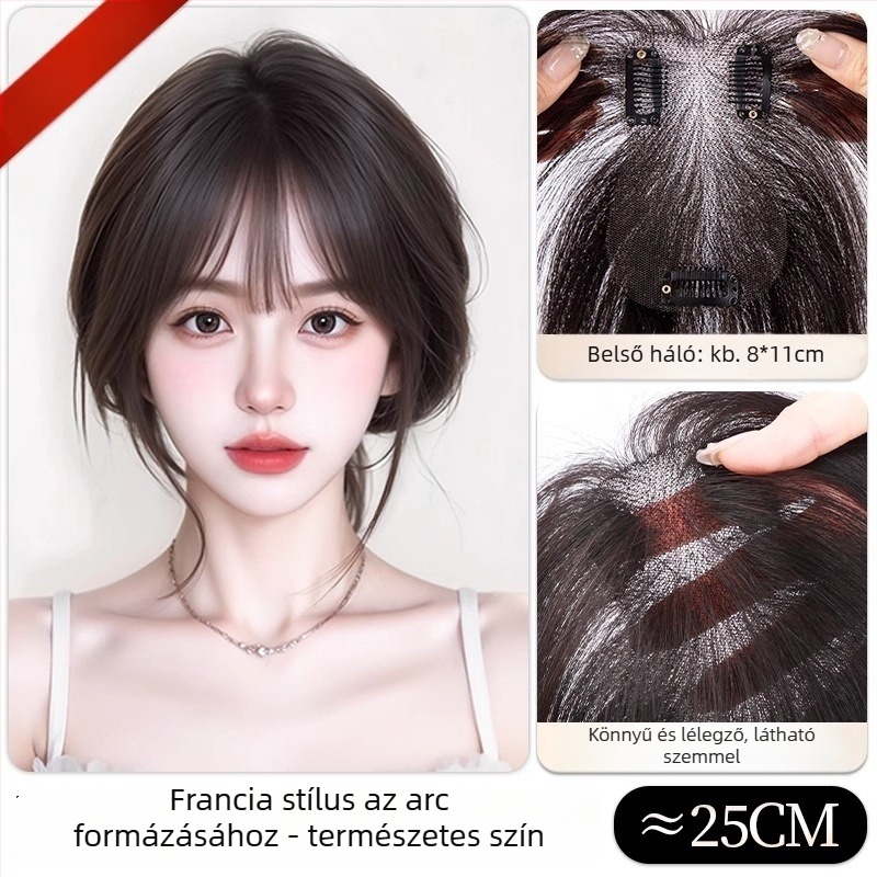 Könnyű, varrás nélküli női hajas kiegészítő, felső hajtöredék, egyenes frufru, modell G8511/G9918, teljesen kézzel készített, hőálló selyem, nem festhető vagy dauerolható