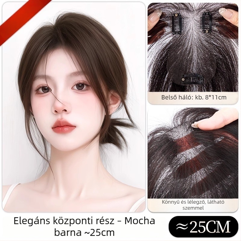 Könnyű, varrás nélküli női hajas kiegészítő, felső hajtöredék, egyenes frufru, modell G8511/G9918, teljesen kézzel készített, hőálló selyem, nem festhető vagy dauerolható