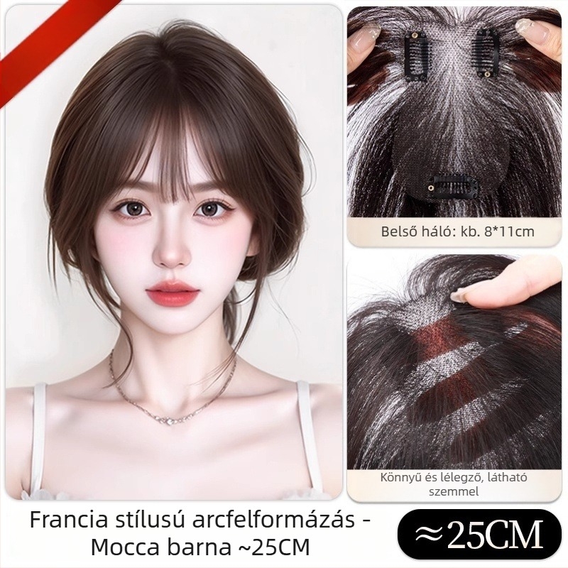 Könnyű, varrás nélküli női hajas kiegészítő, felső hajtöredék, egyenes frufru, modell G8511/G9918, teljesen kézzel készített, hőálló selyem, nem festhető vagy dauerolható