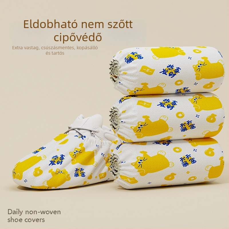 Egyszer használatos beltéri cipővédő, vastag nemszövött anyagból, porvédő, csúszásmentes, szerencse macska mintázat