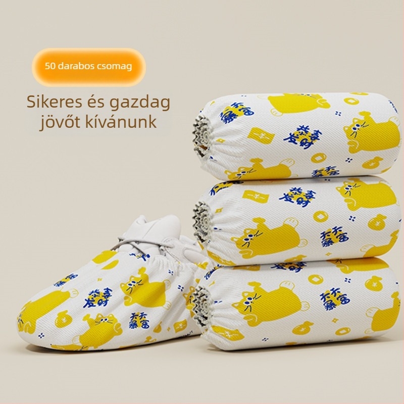 Egyszer használatos beltéri cipővédő, vastag nemszövött anyagból, porvédő, csúszásmentes, szerencse macska mintázat