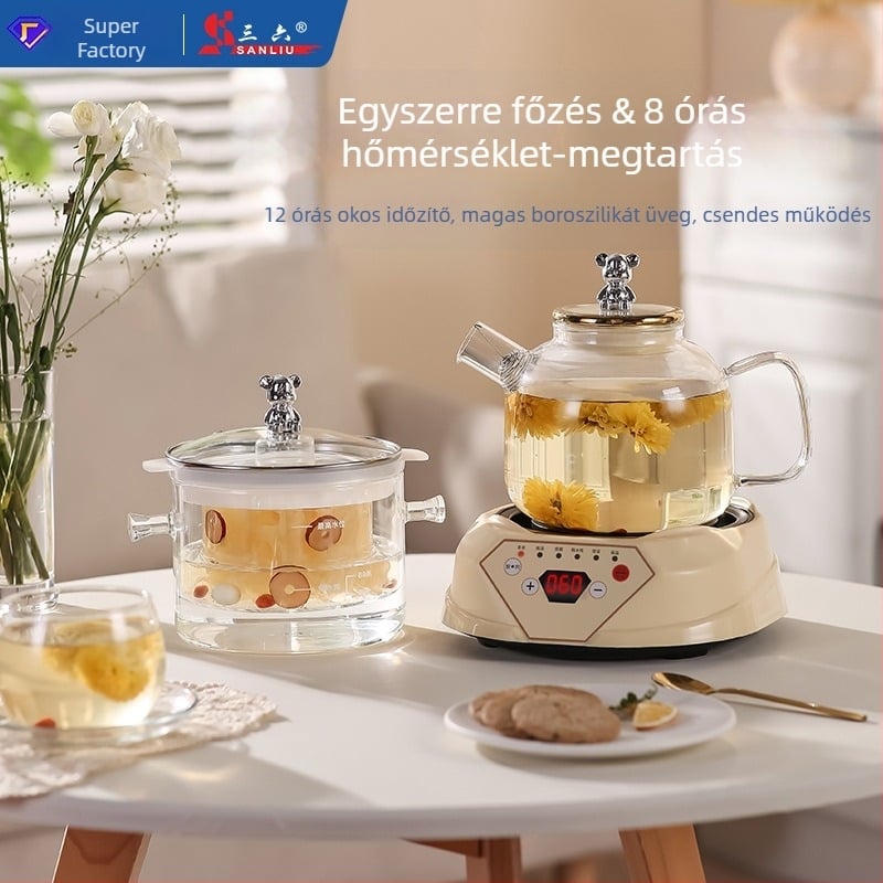 Egészség teáskanna boroszilikát üvegtesttel, kapacitás 1,5–2 L, 220V, 500W, digitális termosztát érintéses vezérléssel