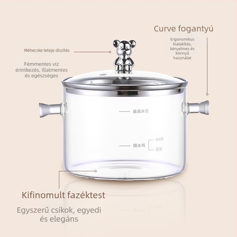 Egészség teáskanna boroszilikát üvegtesttel, kapacitás 1,5–2 L, 220V, 500W, digitális termosztát érintéses vezérléssel