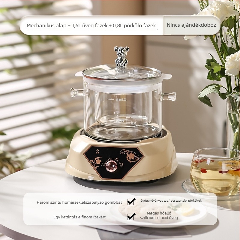 Egészség teáskanna boroszilikát üvegtesttel, kapacitás 1,5–2 L, 220V, 500W, digitális termosztát érintéses vezérléssel